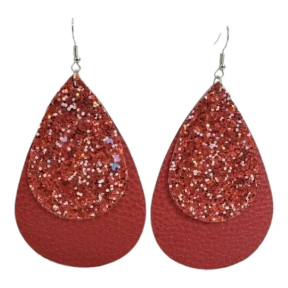 2 Layer Red Sparkle Faux Leather Dangle Chic Lightweight Earrings  2rd9 - Picture 1 of 6